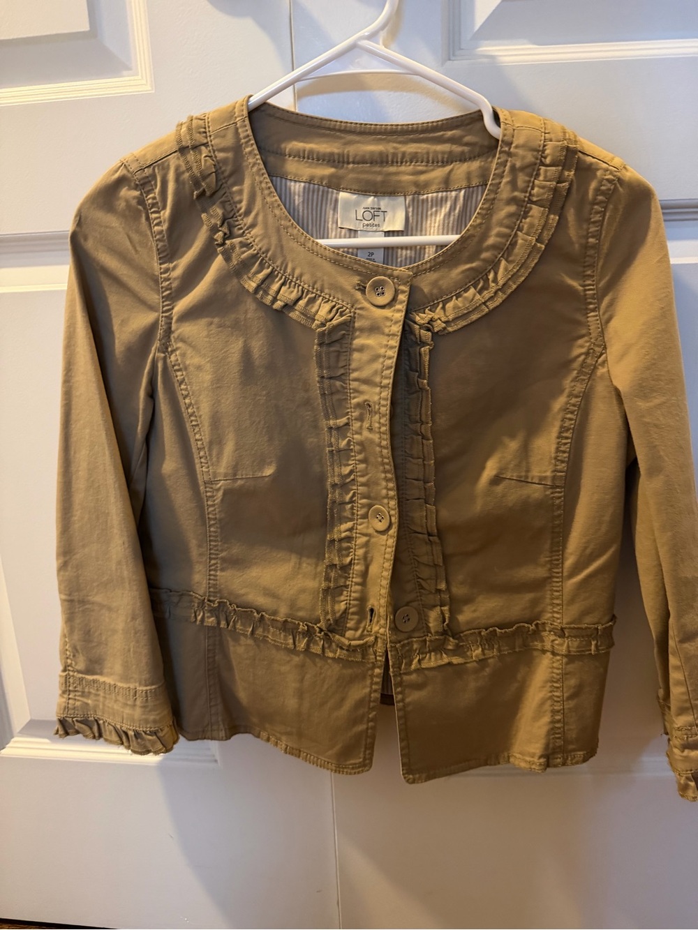 LOFT Khaki Ruffled Button-Front Cotton Jacket size 2 petite